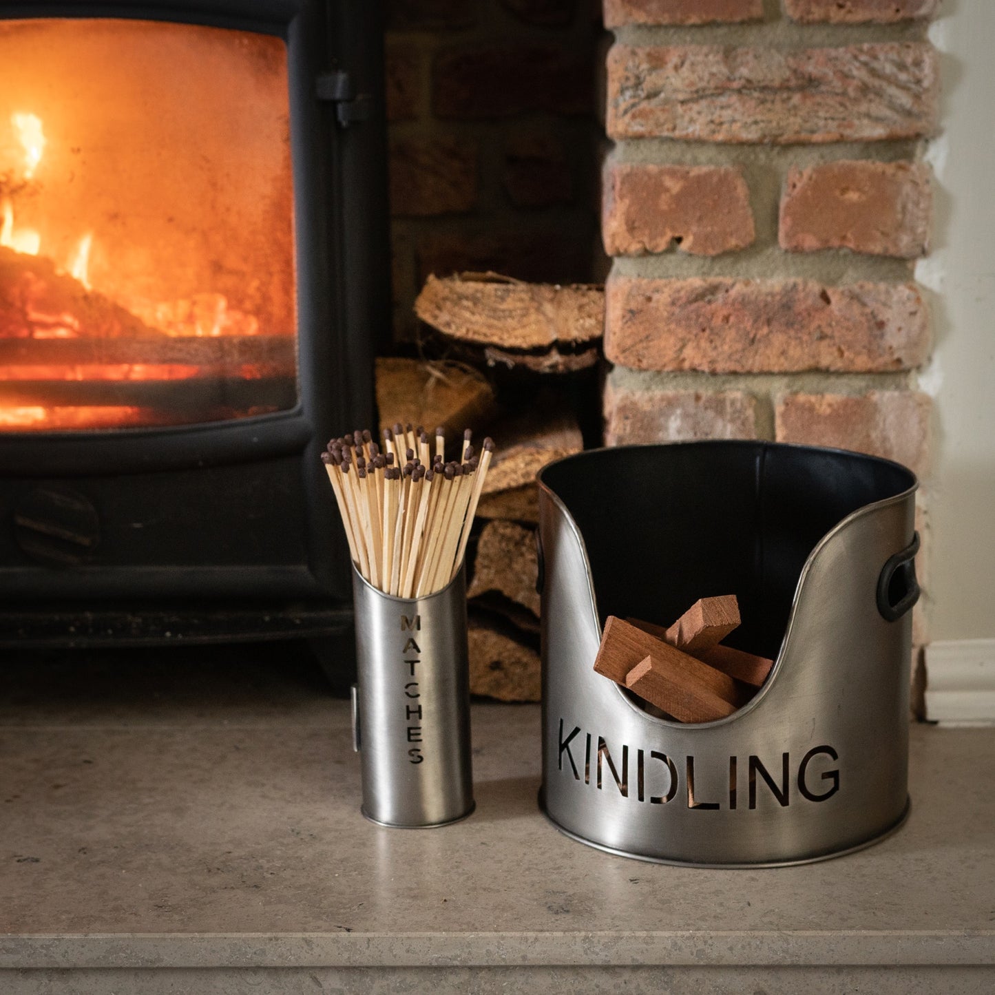 Pewter Finish Logs, Kindling Bucket And Matchstick Holder