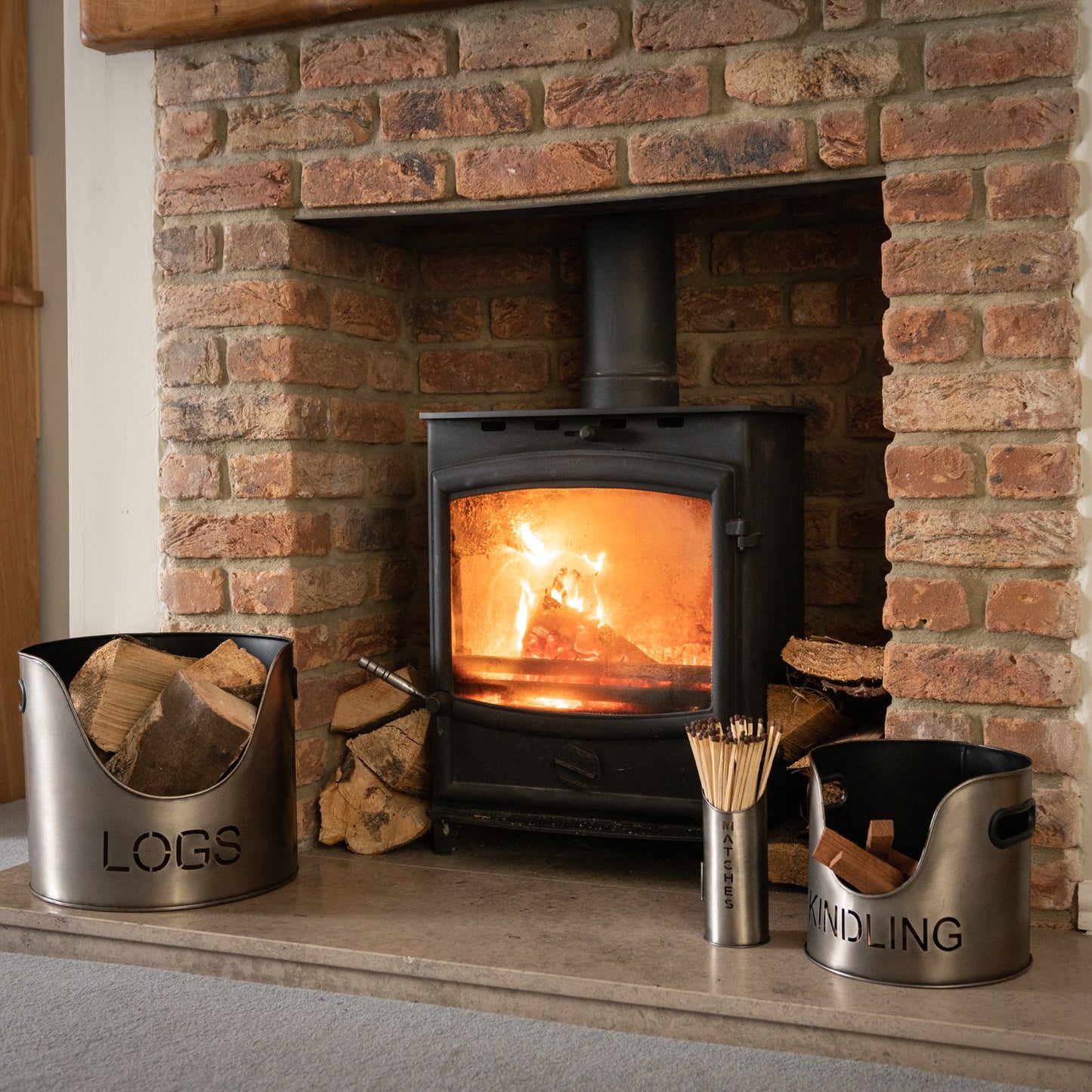 Pewter Finish Logs, Kindling Bucket And Matchstick Holder