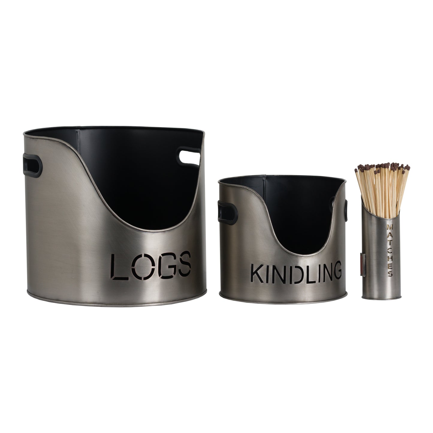 Pewter Finish Logs, Kindling Bucket And Matchstick Holder