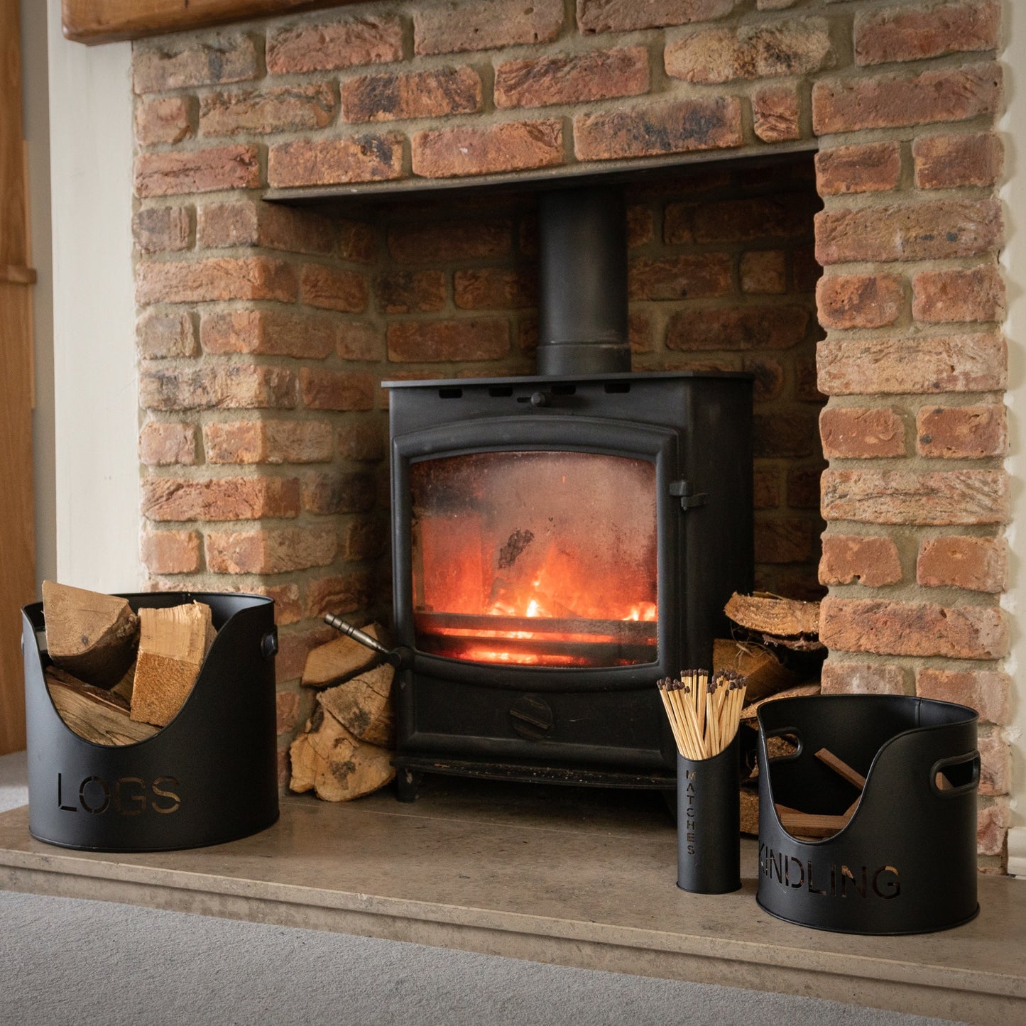 Black Finish Logs, Kindling Bucket And Matchstick Holder