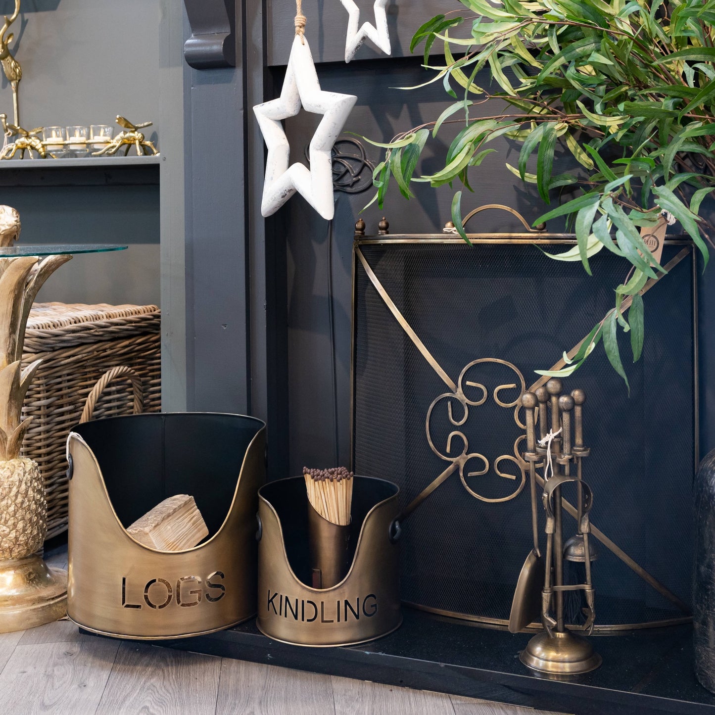Bronze Finish Logs, Kindling Buckets & Matchstick Holder