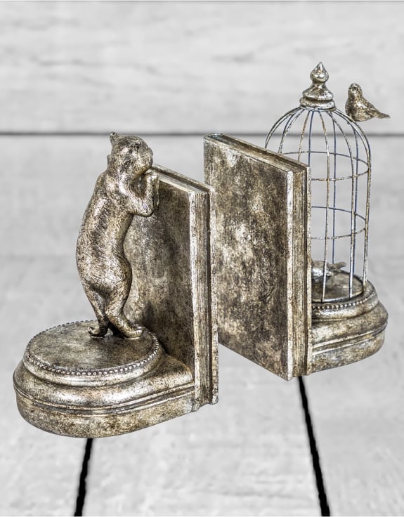 Silver Curious Cat Bookends