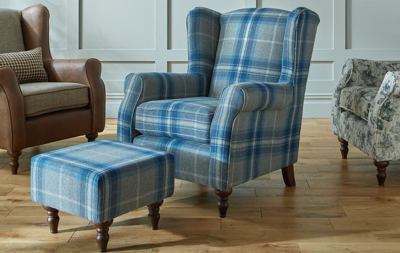 Check wing back chair and stool