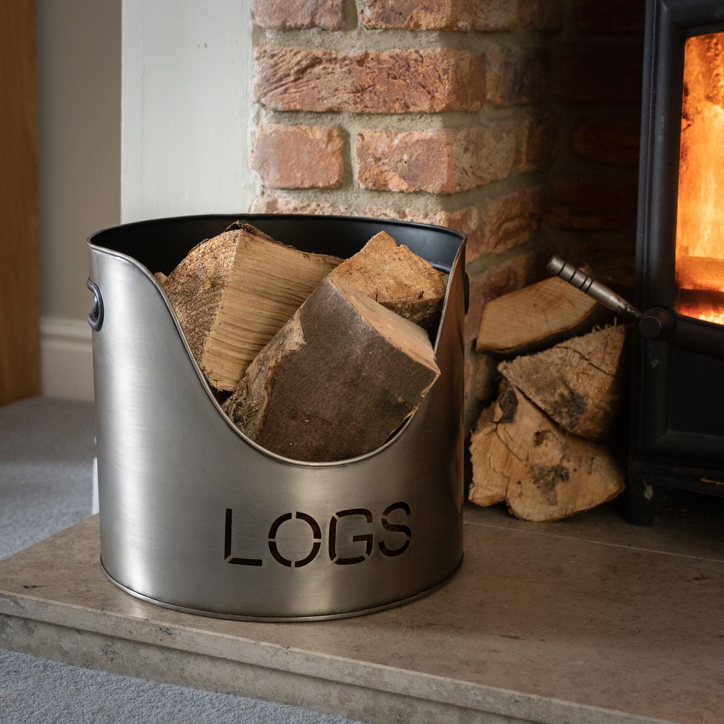 Pewter Finish Logs, Kindling Bucket And Matchstick Holder
