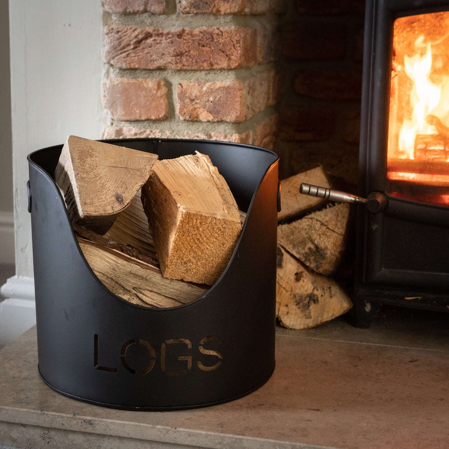 Black Finish Logs, Kindling Bucket And Matchstick Holder