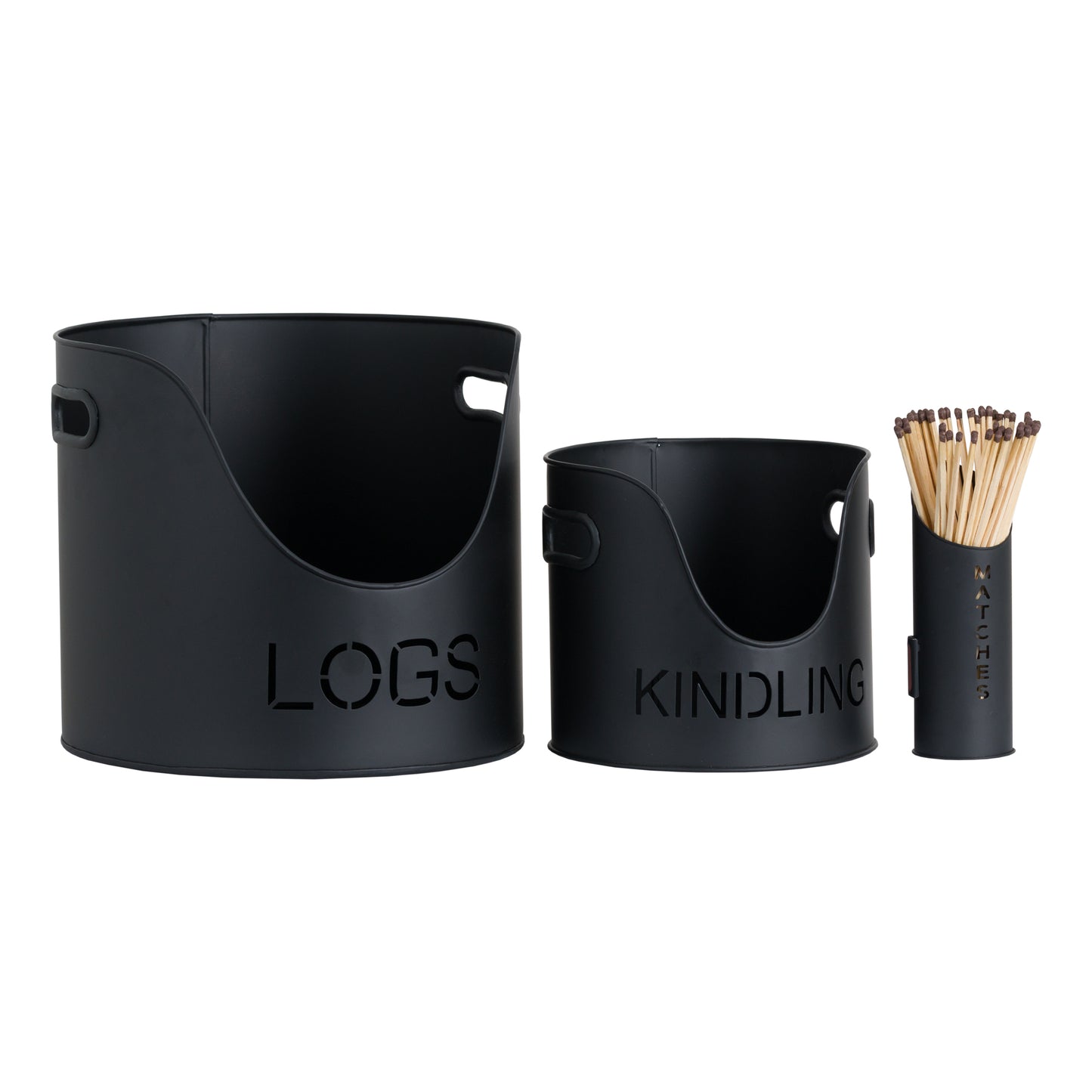 Black Finish Logs, Kindling Bucket And Matchstick Holder