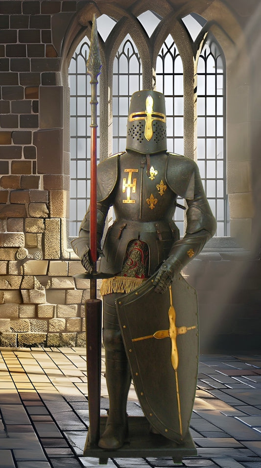 Black Medieval Suit of Armour With Spear and Shield