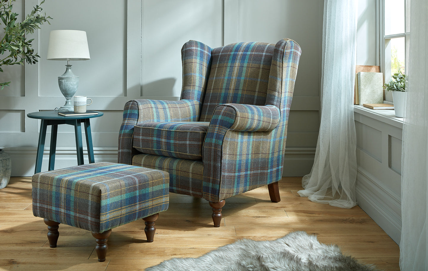 Wing back chair and stool